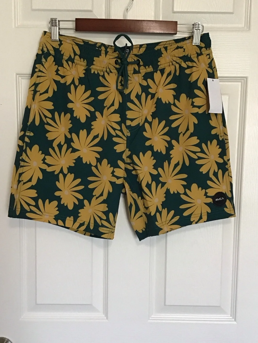 RVCA Men's Dark Green Swim Trunks with Yellow Floral Print